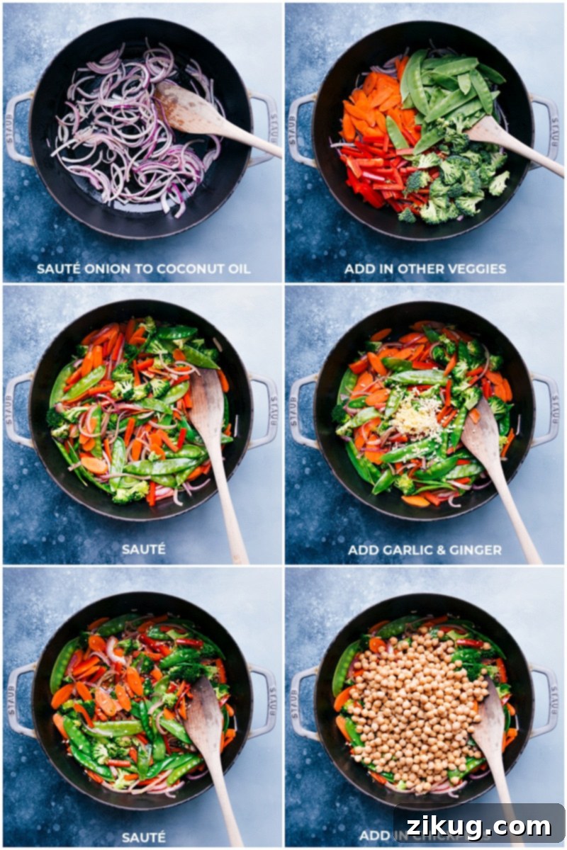 Process shots-- images of the veggies being sautéed; chickpeas being added.