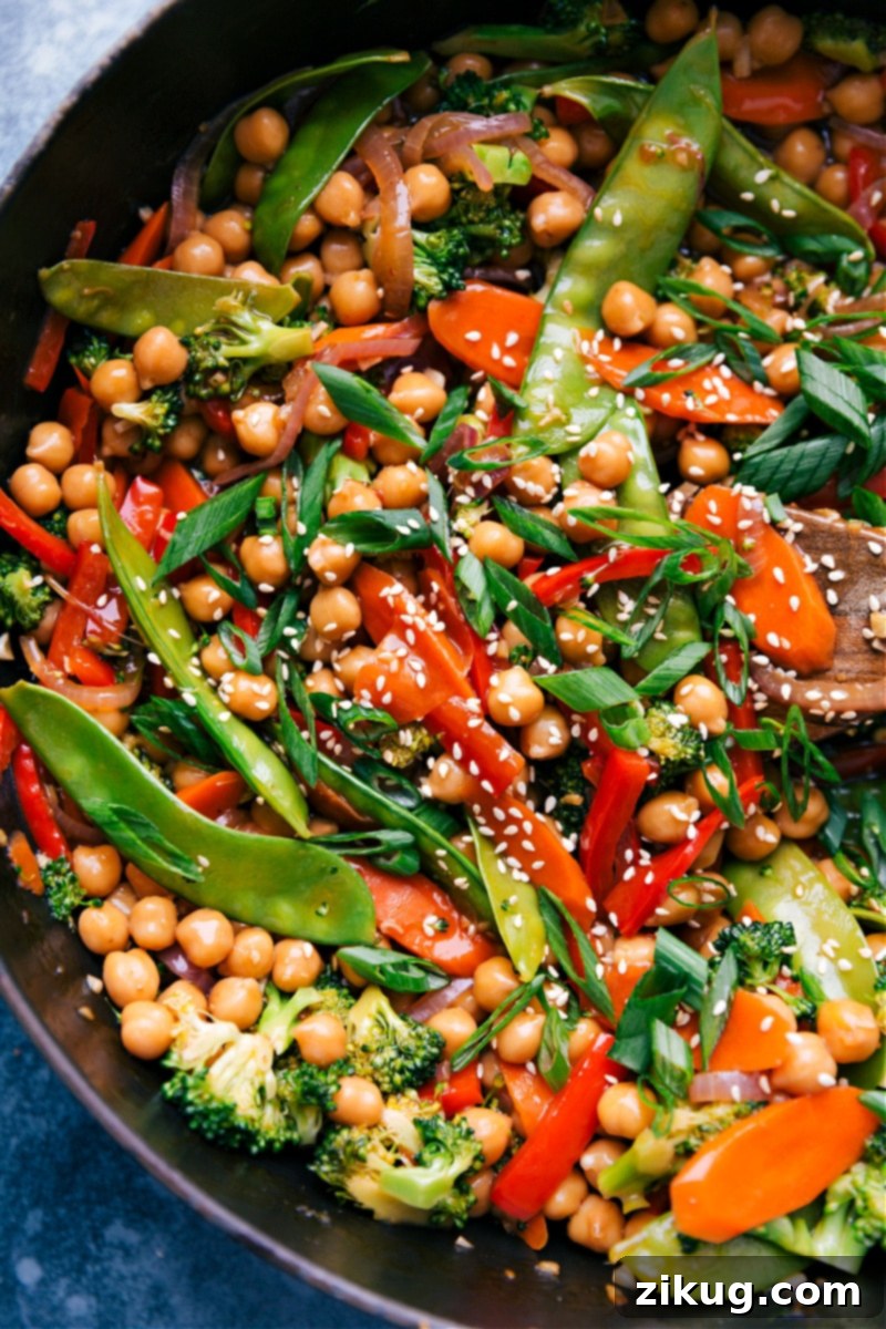 U- close image of General Tso Chickpeas in the pan.