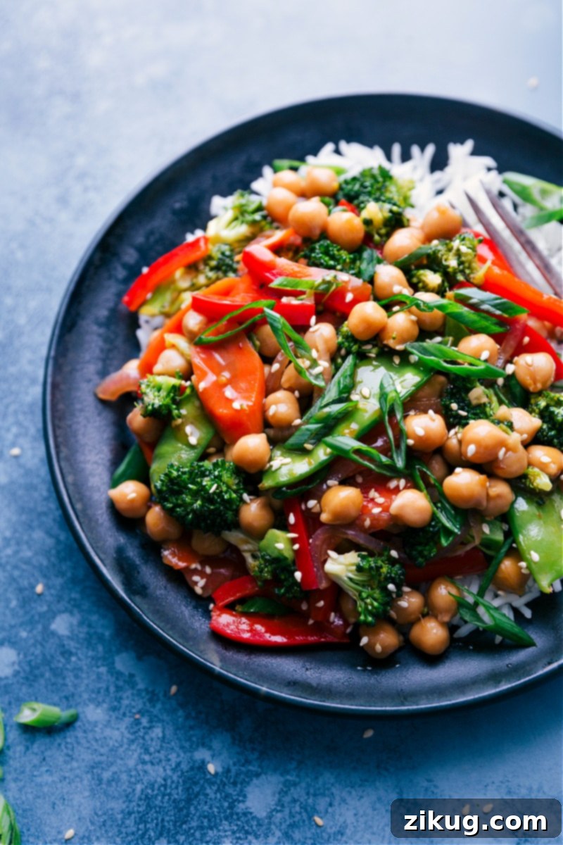 Overhead image of General Tso Chickpeas on a plate, ready to be eaten.