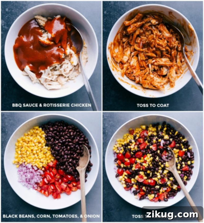 Preparing BBQ Chicken Tacos: Combining Chicken with Sauce, Assembling Beans, Corn, Tomatoes, and Onions Mixing BBQ sauce with rotisserie chicken, assembling black beans, corn, tomatoes, and onions, and tossing to combine to make the delicious BBQ chicken tacos recipe.