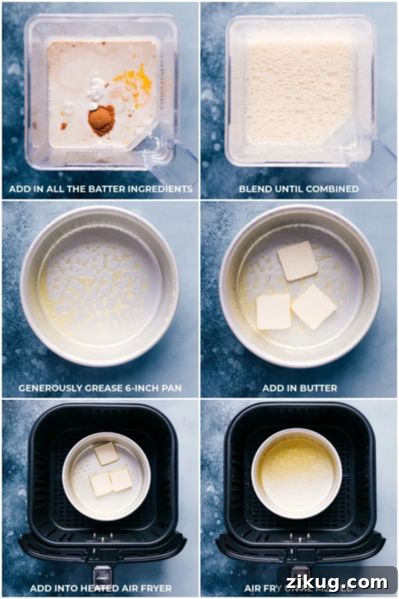 Step-by-step photos of blending the Air Fryer Dutch Baby batter in a blender.