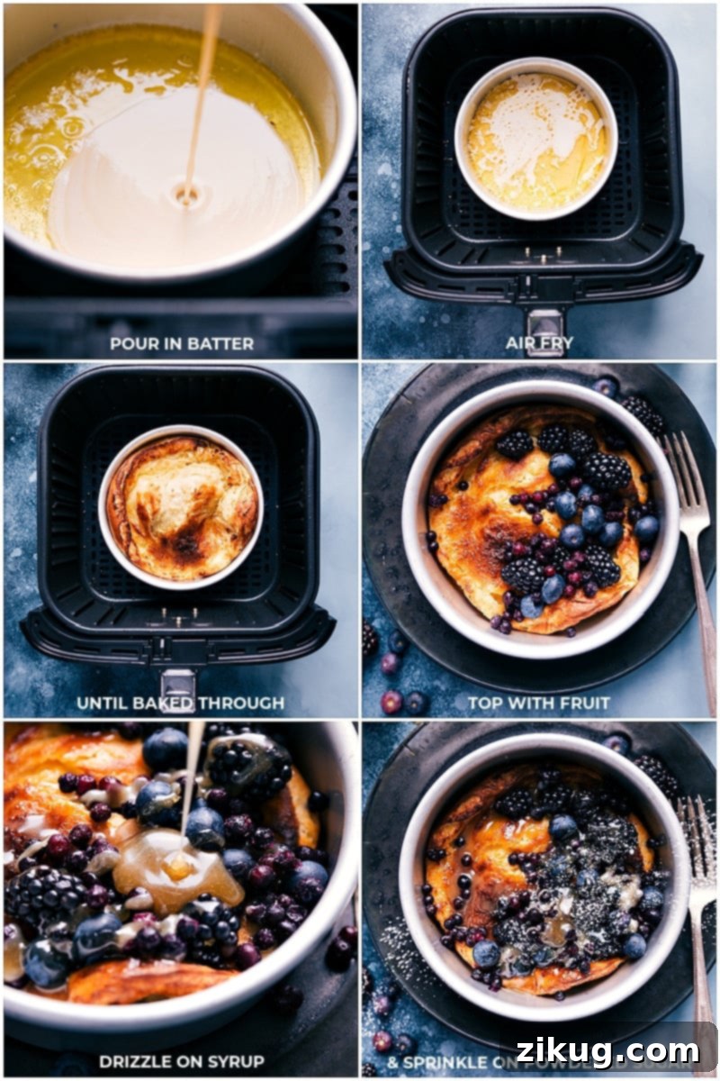 Close-up process shot of an Air Fryer Dutch Baby actively cooking and puffing up in the air fryer.