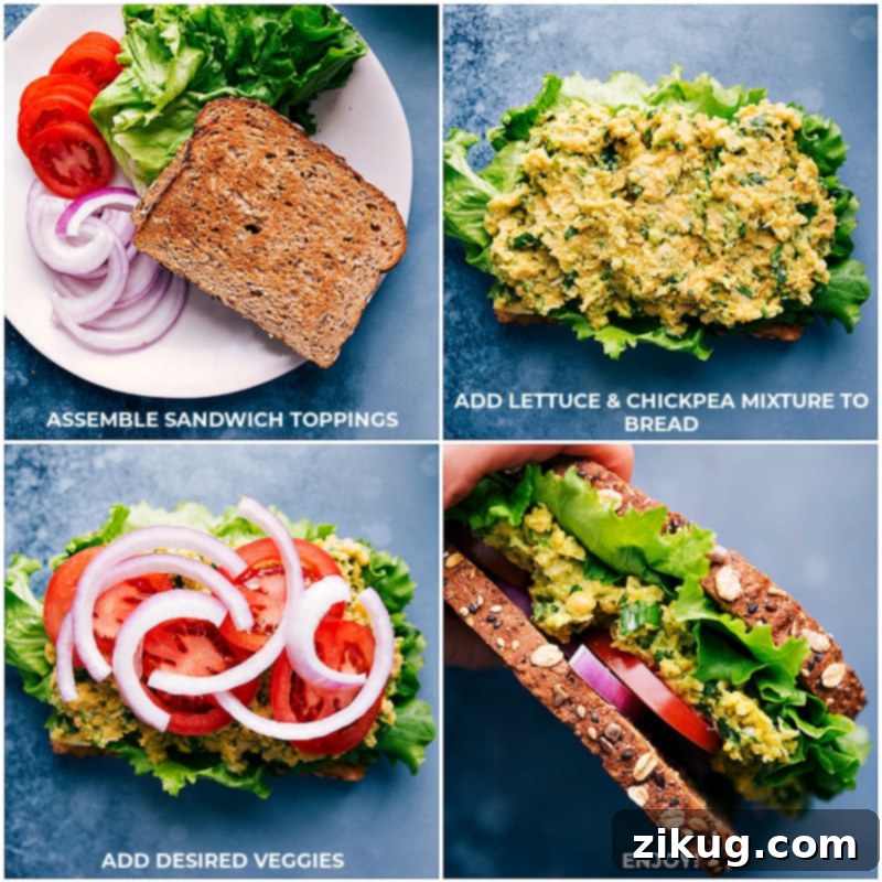 This delicious Chickpea Salad Sandwich is loaded with a creamy chickpea filling that includes lots of fresh veggies and herbs. Pile it on some toasted bread with lettuce, tomato, and onion for a hearty, flavorful, and nutritious meal. Recipe via chelseasmessyapron #dinner #lunch #vegan #vegetarian #healthy #quick #easy #simple #best #tomatoes #chickpea #salad #sandwich Assembling Chickpea Salad Sandwiches with fresh ingredients
