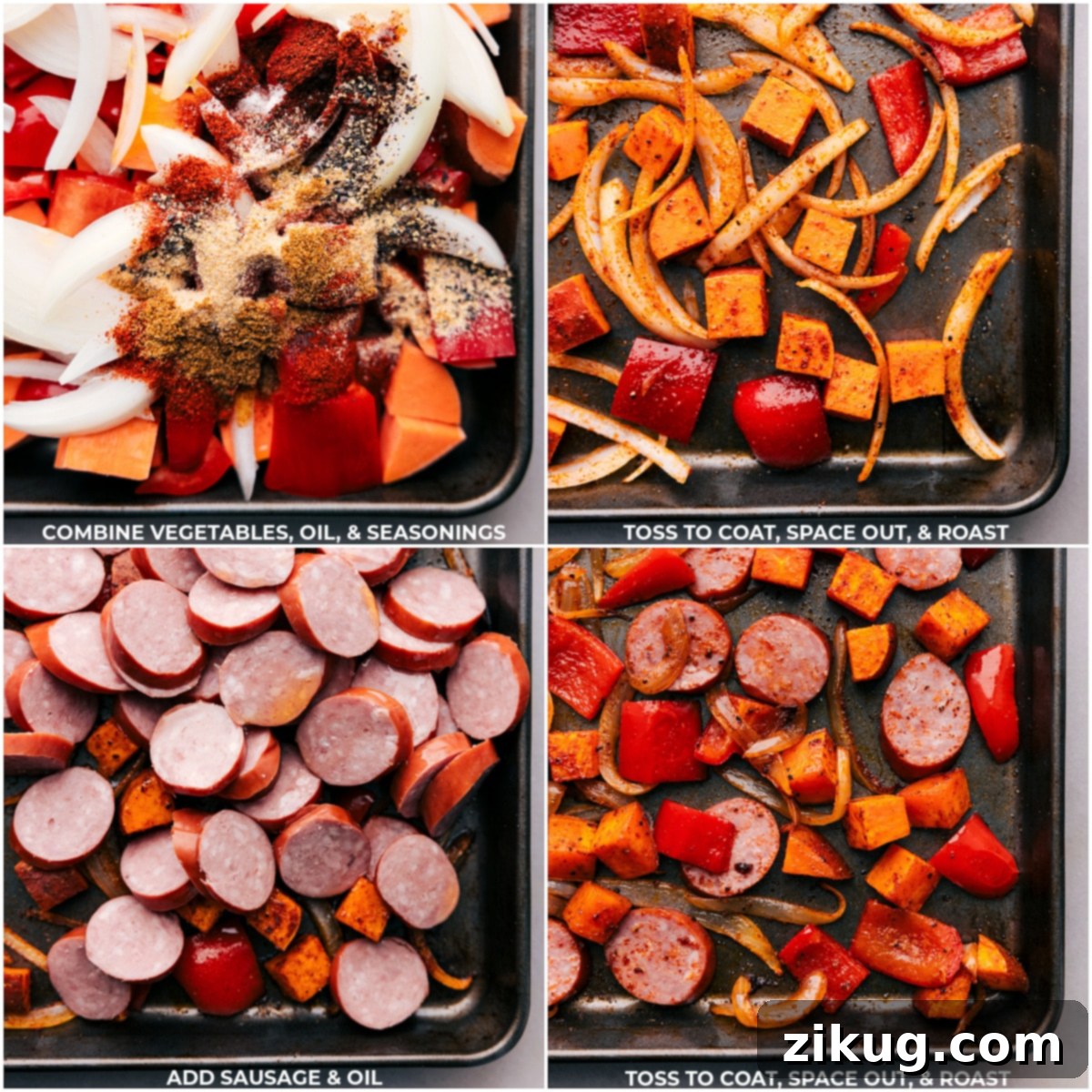 Ready-to-Roast Sweet Potato and Sausage Tray Bake Ingredients for a one-pan Sweet Potato and Sausage dish combined on a baking tray, featuring sliced sausage, cubed sweet potatoes, red bell pepper, and onion, drizzled with olive oil, and sprinkled with seasonings, ready to be roasted in the oven.