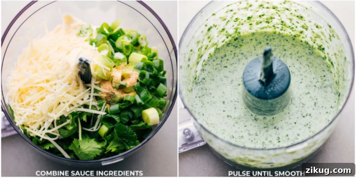 Homemade Sauce Blend in Food Processor A food processor bowl filled with fresh green sauce ingredients, including cilantro, green onions, and other herbs, ready to be blended into a creamy condiment.