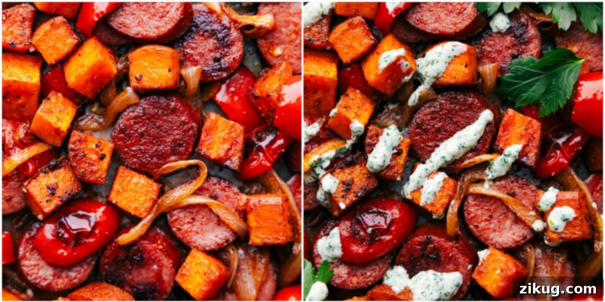 Sweet Potato and Sausage Sheet Pan Feast with Sauce Freshly baked sweet potato and sausage on a sheet pan, with rich, homemade sauce drizzled on top, straight from the oven and garnished with fresh herbs.