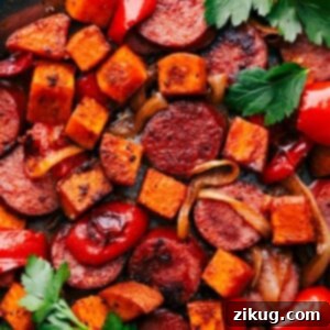 Sweet Potato and Sausage all on one pan fresh out of the oven.