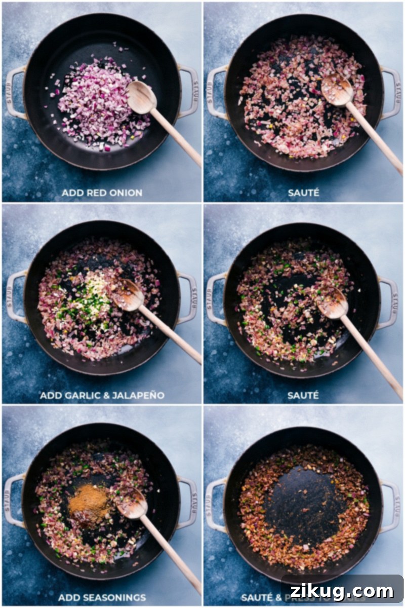 Building layers of flavor: sautéing aromatics for our carnita-inspired ground pork taco meat. Process shots showing onions, garlic, and jalapeño sautéing in a pan for the pork taco filling