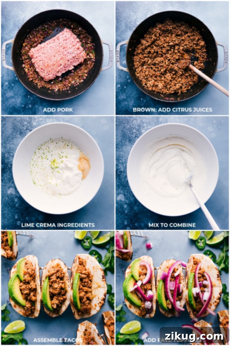 The journey from seasoned ground pork to vibrant, delicious tacos ready to be enjoyed. Process shots of browning ground pork, preparing lime crema, and assembling tacos