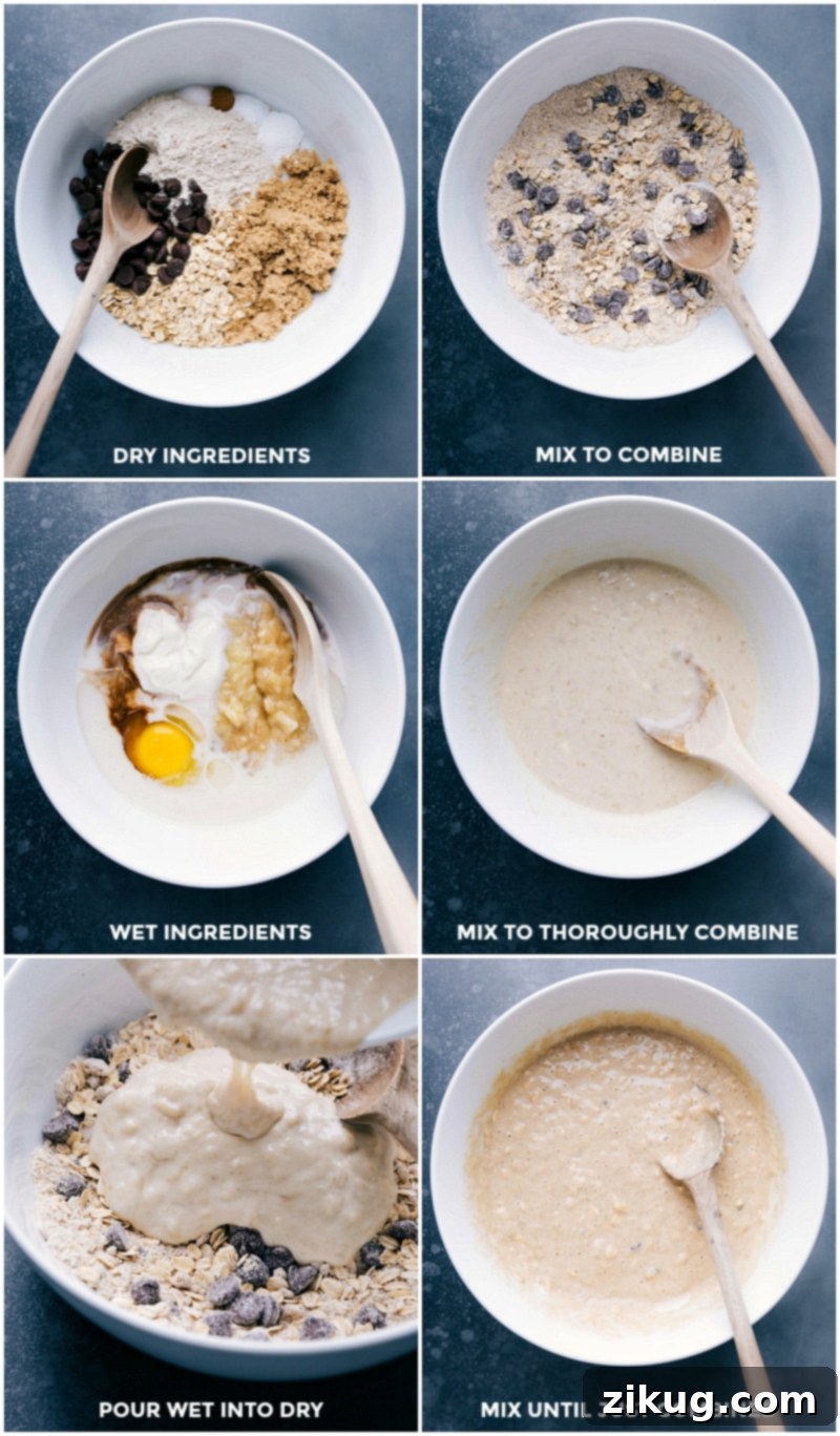 Expertly Combining Dry and Wet Ingredients for Gluten-Free Banana Pancakes A close-up view of a mixing bowl where dry ingredients are being gently folded into wet ingredients, illustrating the process of preparing gluten-free banana pancake batter.