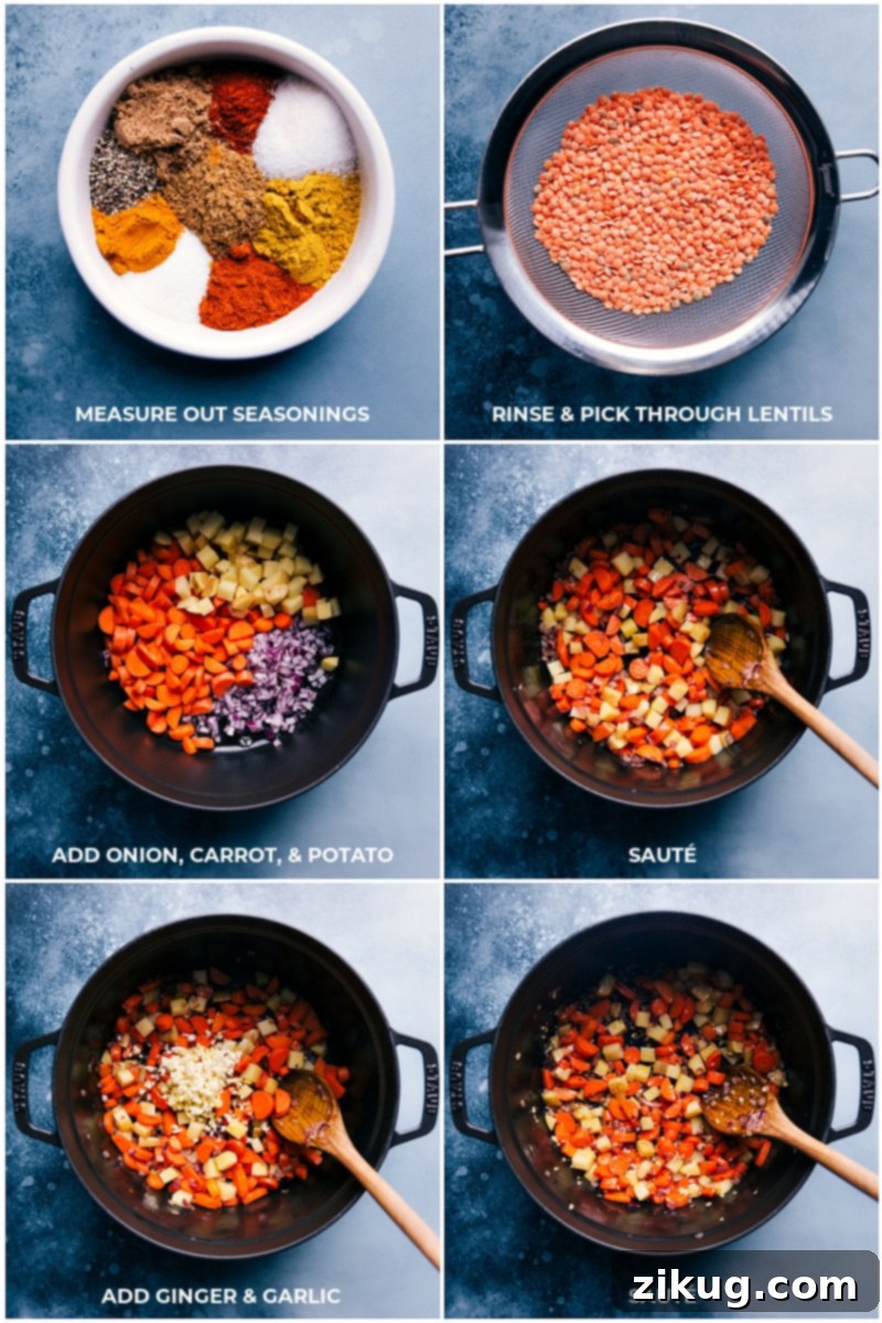 This image captures a key step in making Curry Lentil Soup, illustrating the addition of red lentils to sautéed vegetables, ensuring a rich, hearty, and flavorful soup. The recipe is via ChelseasMessyApron, emphasizing healthy, quick, easy, simple, protein-rich, whole30, vegan, vegetarian dinner options featuring peas, curry, and lentils. A process shot showing red lentils being added to a large pot filled with sautéed, aromatic vegetables, with the ingredients being stirred together.