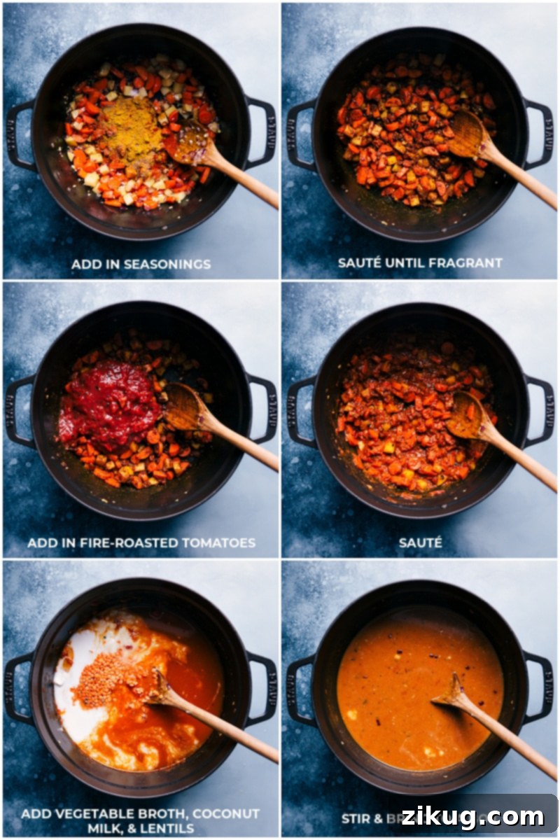 This sequence of images showcases the intricate steps involved in preparing Curry Lentil Soup, highlighting how seasonings, tomatoes, broth, coconut milk, and lentils come together to create a deeply flavorful and aromatic dish. This healthy, quick, easy, simple, protein-rich, whole30, vegan, vegetarian dinner recipe is packed with peas, curry, and lentils for a truly satisfying soup experience. A series of process shots depicting the addition of various ingredients – seasonings, crushed tomatoes, vegetable broth, coconut milk, and red lentils – into a pot, demonstrating the layering of flavors for Curry Lentil Soup.