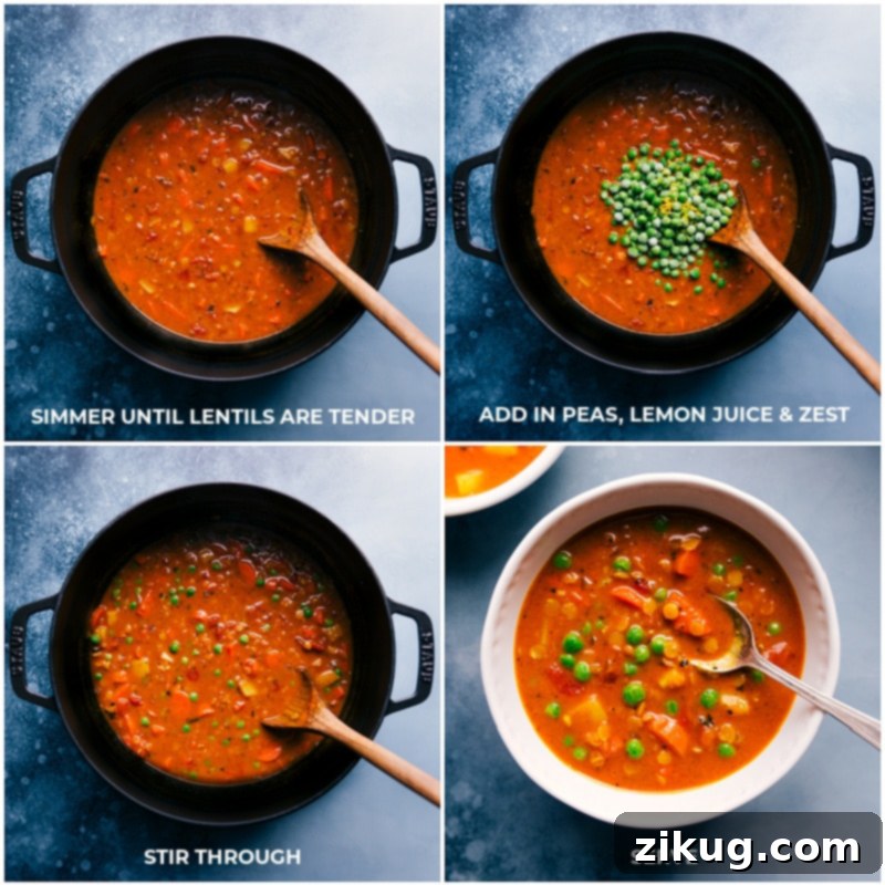 Make this hearty, warming Curry Lentil Soup with this easy recipe. This healthy, quick, easy, simple, protein-rich, whole30, vegan, vegetarian dinner recipe is packed with peas, curry, and lentils for a truly satisfying soup experience. Final process shots for making Curry Lentil Soup, showing the completed dish being portioned into bowls, garnished, and ready to serve.