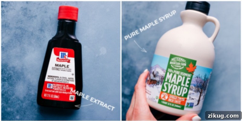 Bottles of pure maple syrup and maple extract, key ingredients for the maple cookies recipe, displayed prominently.