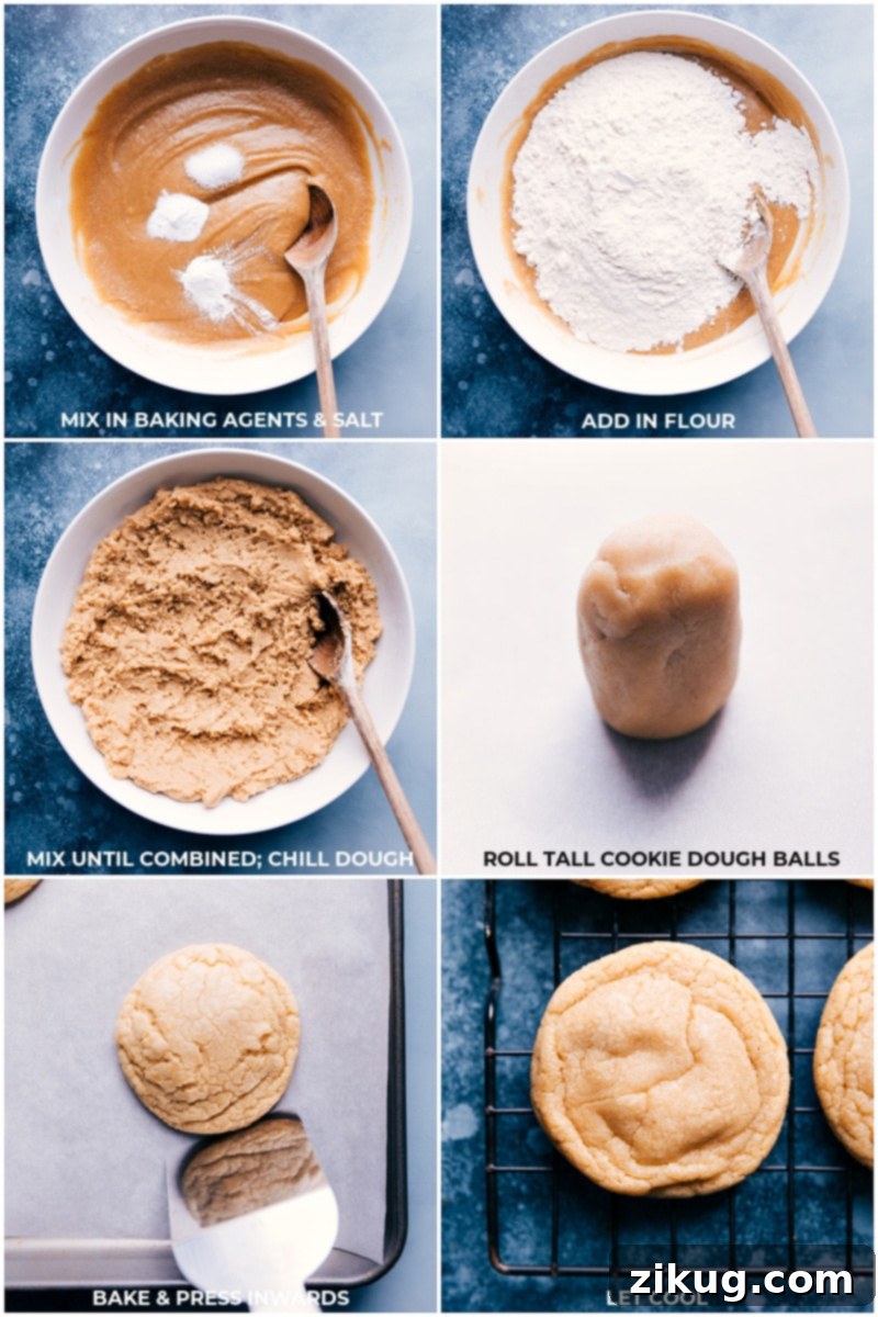 Step-by-step process of making maple cookies, showing dry ingredients added to wet, dough being rolled, and cookies baking.