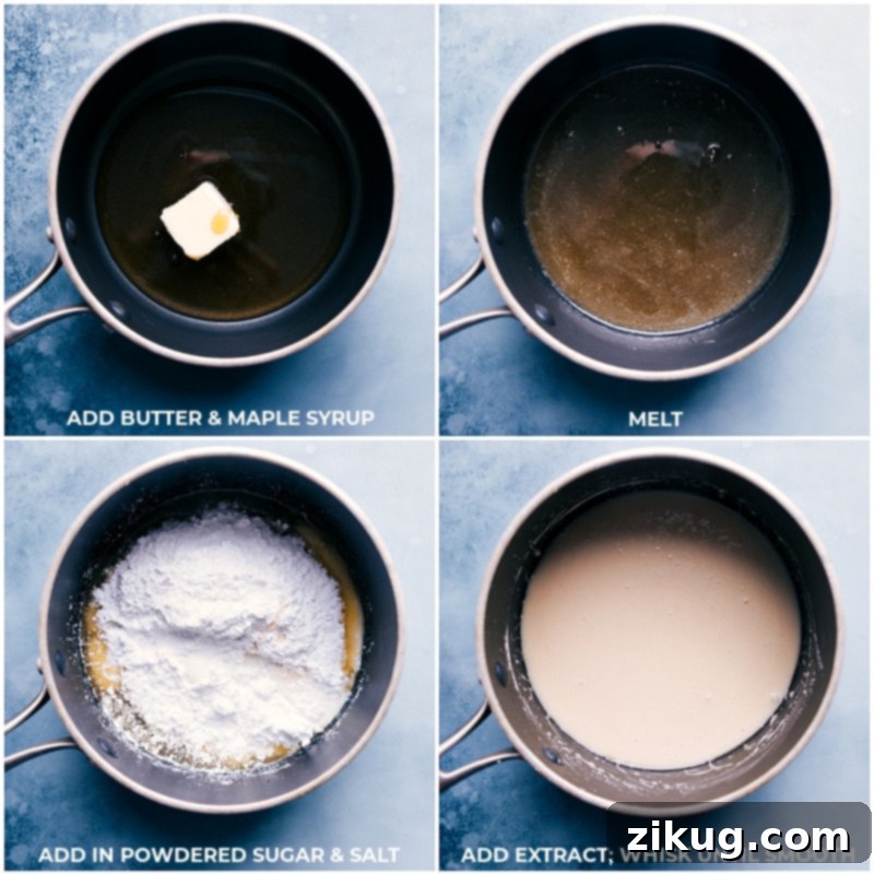 Maple icing being whisked in a saucepan over low heat for the maple cookies recipe, ensuring a smooth, glossy consistency.