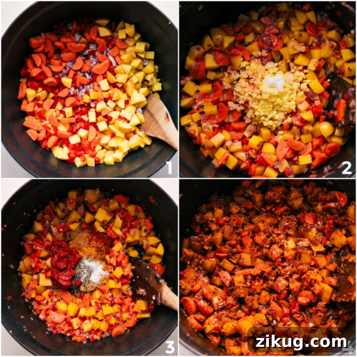 How To Make Vegetarian Masala Step-by-step visual of preparing vegetable masala: first, colorful vegetables like onions, carrots, and bell peppers are sautéing in a large pot, followed by the addition of fragrant seasonings and rich tomato paste, creating a base of incredible aroma and flavor.
