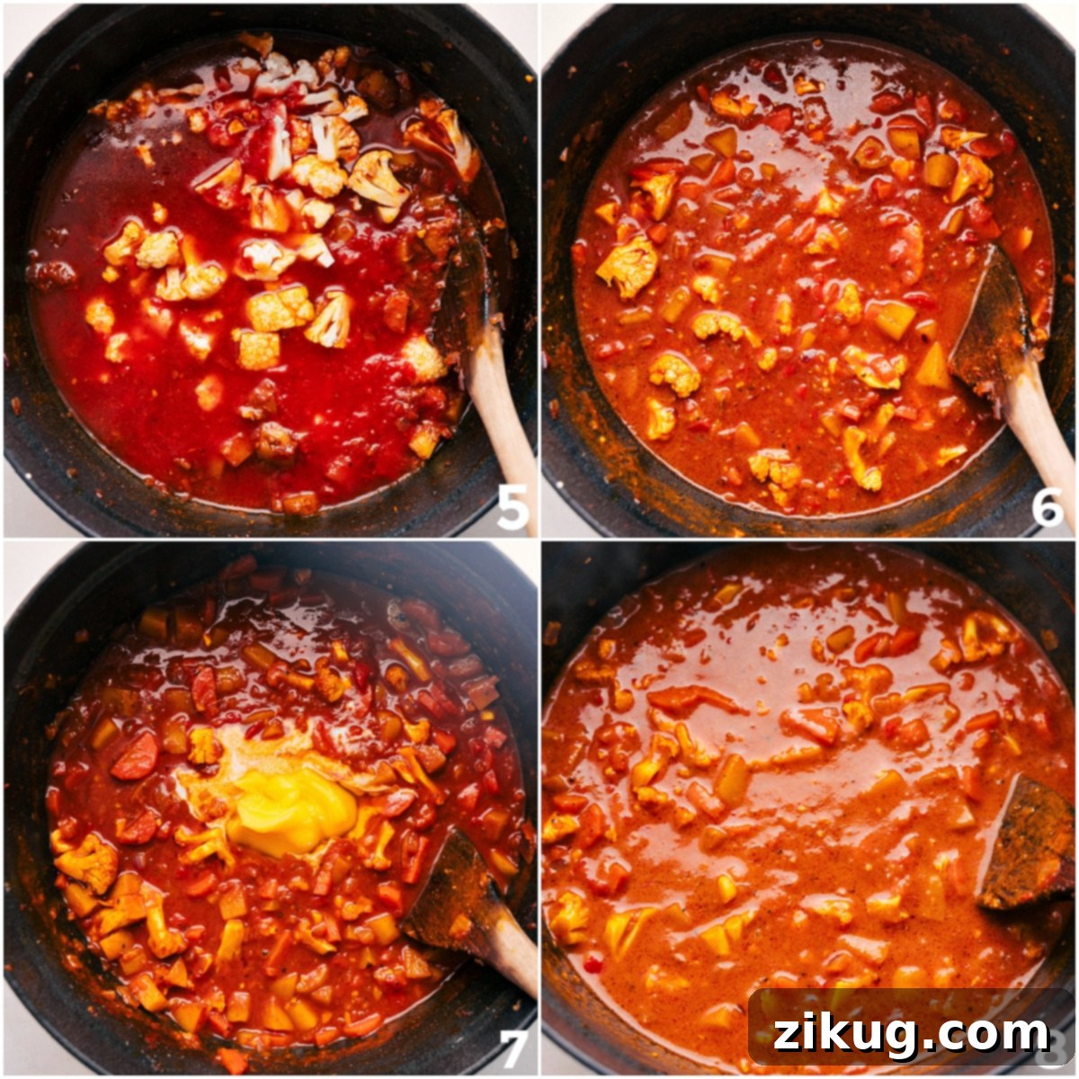 Simmering And Cooking Vegetable Masala Crushed tomatoes and rich vegetable broth have been added to the pot with the sautéed vegetables and spices, now gently simmering together to meld all the vibrant flavors of the vegetable masala.