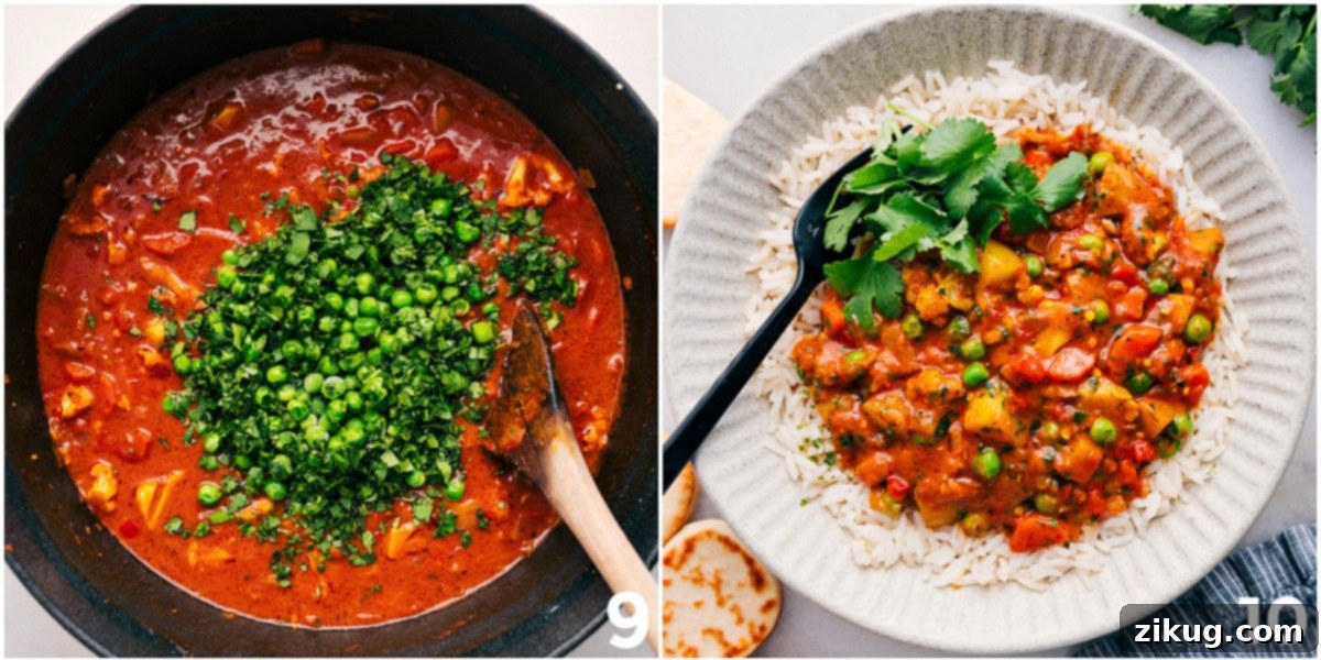 The Best Curry: Vegetable Masala The finished Vegetable Masala in a pot, garnished with fresh herbs and peas, then beautifully plated alongside basmati rice and naan bread, ready to be enjoyed.
