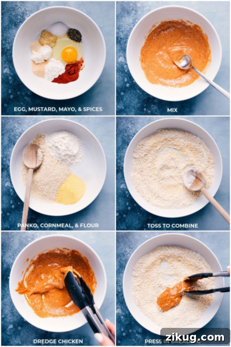 The best air fryer chicken tenders: step-by-step preparation visuals. Process of making chicken tenders: combining wet batter ingredients, mixing dry breading ingredients, and dredging chicken tenderloins in both mixtures.