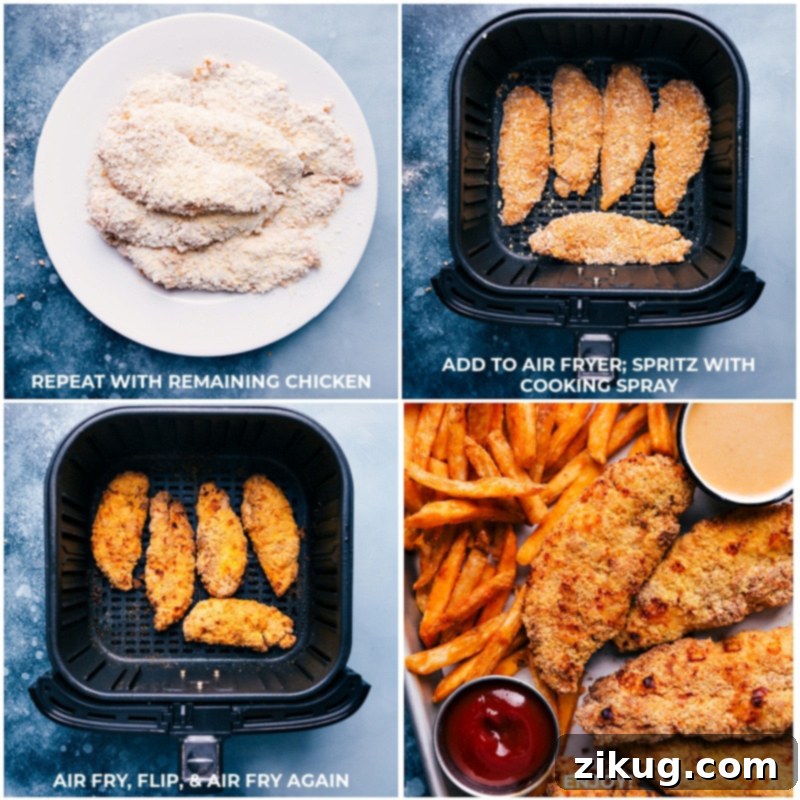 These Air Fryer Chicken Tenders are crunchy, crispy, and robustly seasoned. Recipe via chelseasmessyapron #dinner #quick #easy #healthy #crispy #fries #airfryer #chicken #tenders Process shots: chicken tenders cooking in the air fryer basket.