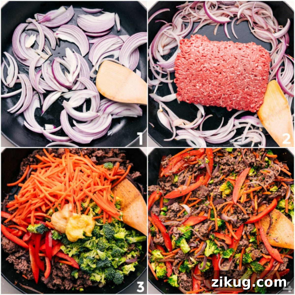 The onions are sautéed, the ground beef is browned, and all the veggies are added to the skillet for this Ground Beef Ramen.