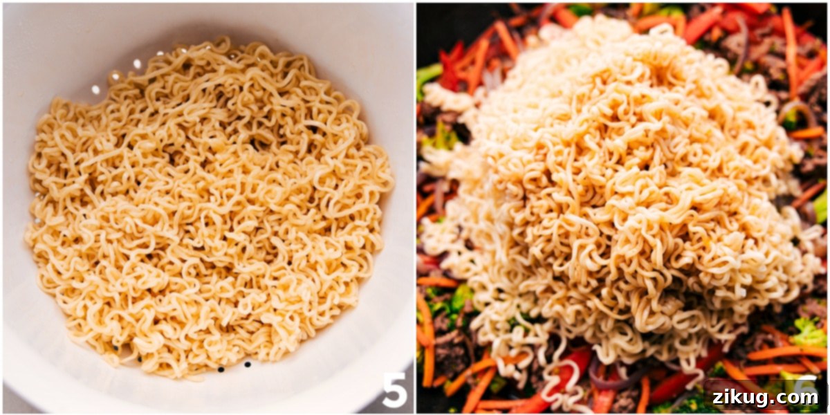 The cooked noodles being added to the mixture.