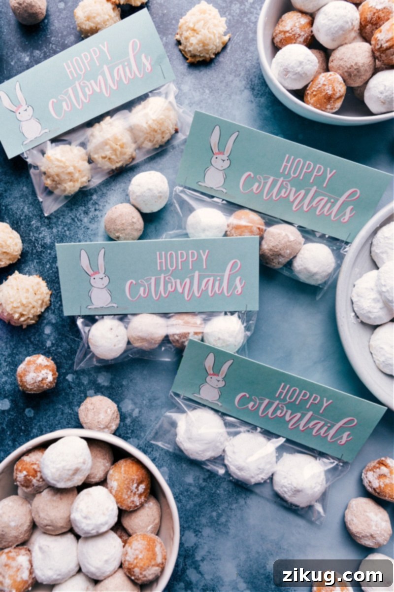 Easter Printables make your holiday treats spectacular. Features bag topper with donut holes, macaroons, and Mexican wedding cookies.