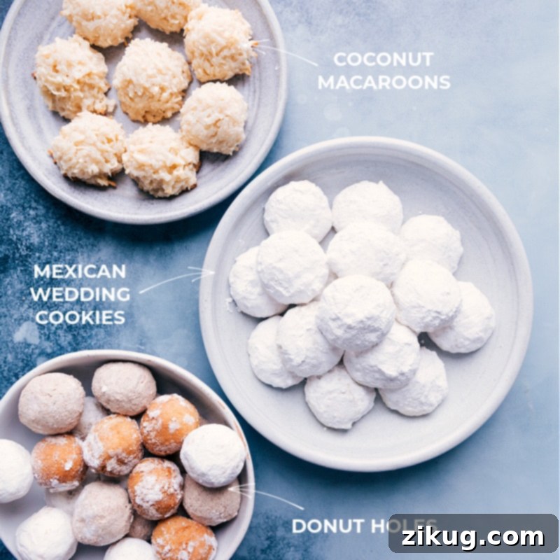 Plates filled with Coconut Macaroons, Donut Holes, and Mexican Wedding Cookies, perfect for Easter printable bags.