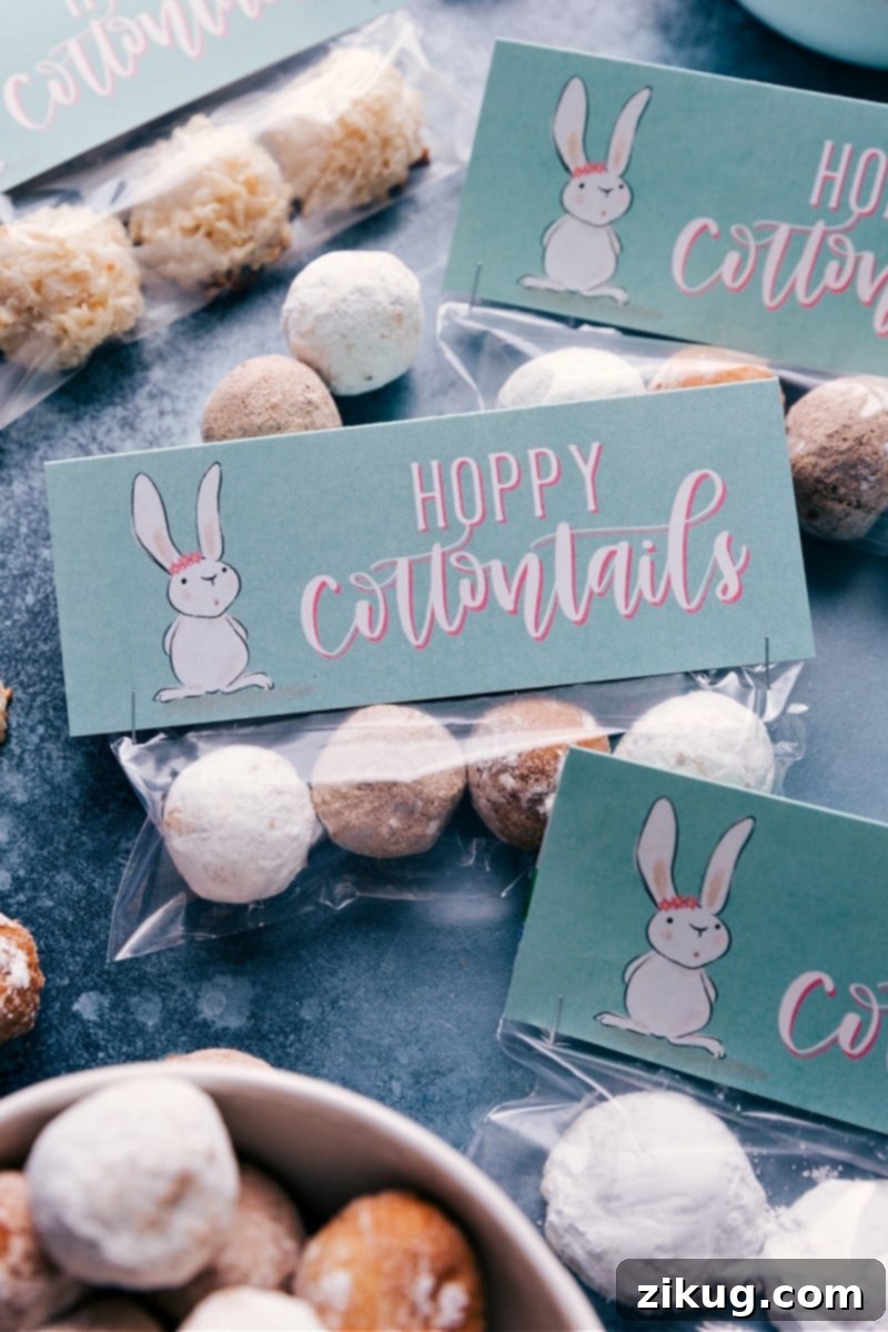 Finished Easter printable bag toppers attached to clear bags filled with donut holes, ready for gifting.