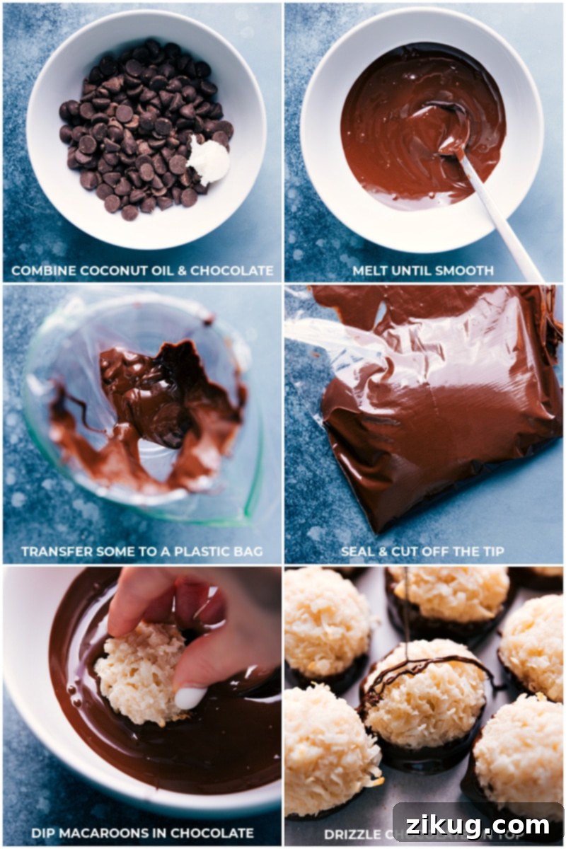 Simple Coconut Macaroons are made with minimal ingredients thanks to the Process shots of preparing the luscious chocolate topping for the Coconut Macaroons.