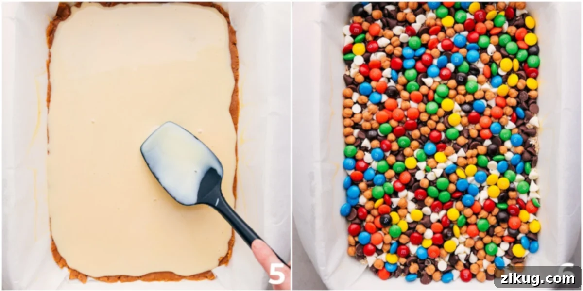 All the delicious ingredients are perfectly layered in the baking pan, ready to be transformed into gooey Magic Cookie Bars in the oven.