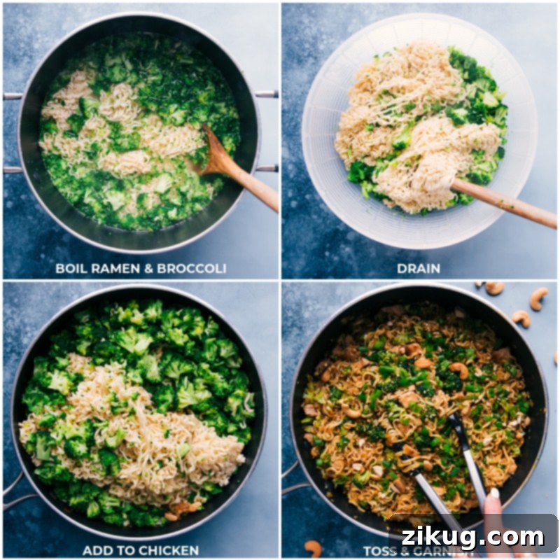 Adding fresh broccoli and cooked ramen noodles to the skillet with chicken and sauce