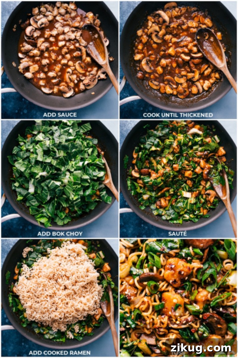 Process shot: The final steps of making General Tso Ramen, with sauce, bok choy, and cooked ramen noodles being added to the skillet.