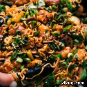 Finished General Tso Ramen in a bowl, ready to serve.