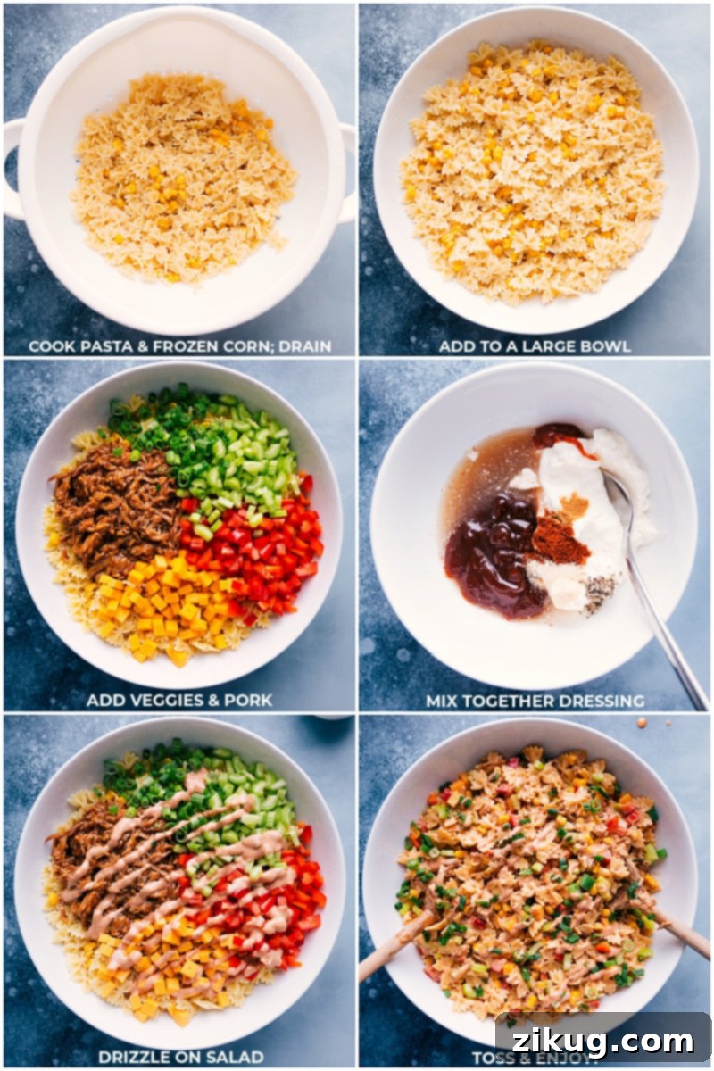 The Perfect Dish For Your Next BBQ Pasta is cooked and tossed with frozen corn, then combined with the rest of the salad ingredients in a large bowl. The sauce is whisked separately and drizzled over the salad to finish this BBQ pasta salad.
