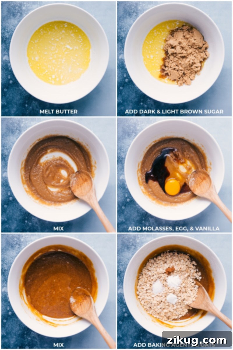 Crafting the perfect Oatmeal Scotchies: a visual guide to mixing butter and sugar, then incorporating eggs, molasses, vanilla, leavening agents, and hearty oats for a thick, chewy, and flavorful cookie. Process shots demonstrating the creation of Oatmeal Scotchies cookie dough: mixing butter and sugar, then incorporating eggs, molasses, vanilla, baking agents, and hearty oats for a thick, chewy, and flavorful base.