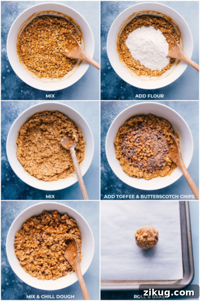 The final touches: gently incorporating flour, butterscotch chips, and toffee bits into Oatmeal Scotchies dough for a perfectly textured, sweet, and spiced cookie. Process shots: carefully adding all-purpose flour, butterscotch chips, and toffee bits to the prepared cookie dough, demonstrating the final mixing stages for Oatmeal Scotchies.