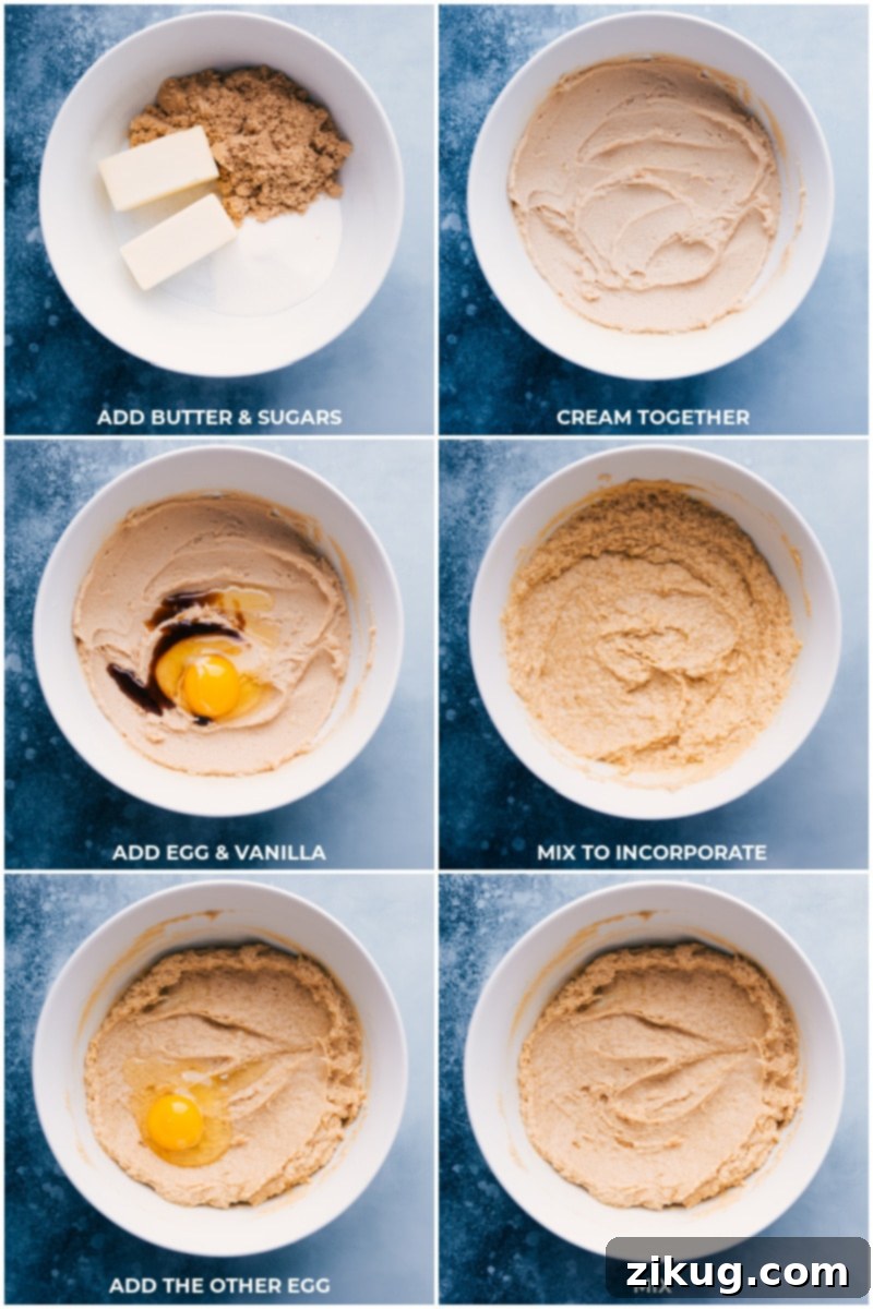 Hands creaming butter and sugar together in a bowl, then adding egg and vanilla extract, mixing until smooth.