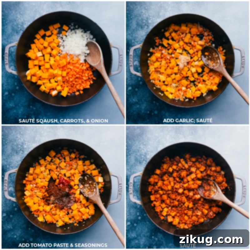 Building flavor for this nutritious Butternut Squash Chili by sautéing key ingredients before slow cooking. This chili is packed with healthy veggies, tender shredded chicken, and quinoa, offering a hands-off, easy, and healthy dinner option via ChelseasMessyApron. Process shots showing butternut squash, carrots, onions, garlic, tomato paste, and seasonings being added to a pan for sautéing.