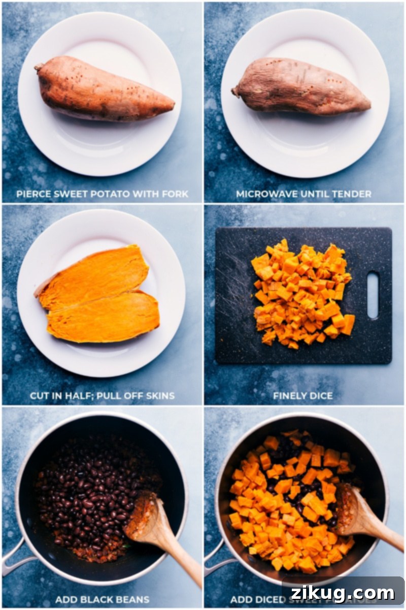 Crafting the flavorful filling for our Air Fryer Sweet Potato and Black Bean Egg Rolls. Preparing the vibrant sweet potatoes and black beans, seasoned to perfection for the egg roll filling.