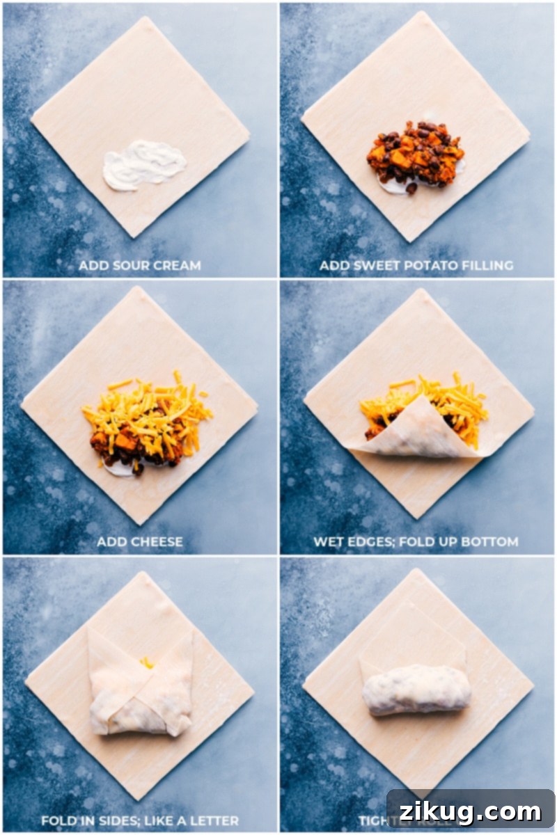 The art of assembling and rolling perfect Air Fryer Sweet Potato and Black Bean Egg Rolls. Step-by-step process shots showing how to assemble and expertly roll the delicious Air Fryer Sweet Potato and Black Bean Egg Rolls.