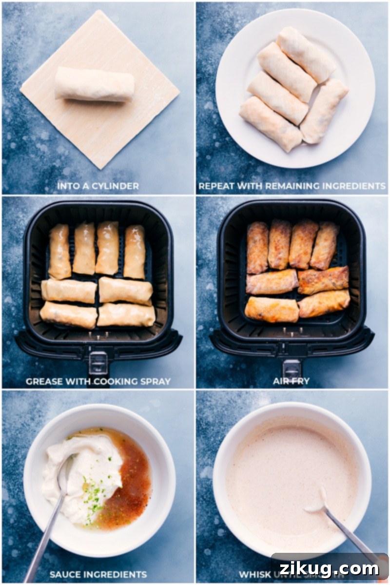 Cooking Air Fryer Sweet Potato and Black Bean Egg Rolls and crafting the perfect chili-lime sauce. Process shots demonstrating the air frying of egg rolls and the preparation of the vibrant chili-lime dipping sauce.