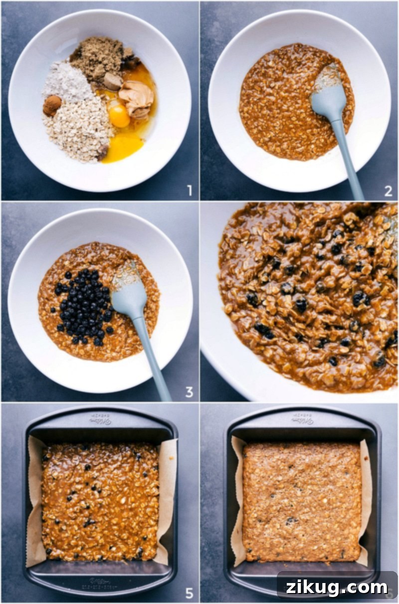 Process shots showing ingredients being added to a bowl, mixed, blueberries folded in, and the batter poured into a prepared pan ready for baking.