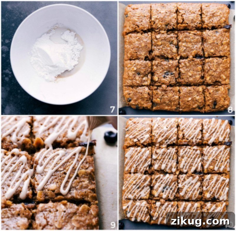 Image of the vanilla glaze being made in a bowl and then artfully drizzled on top of the baked blueberry oatmeal bars.