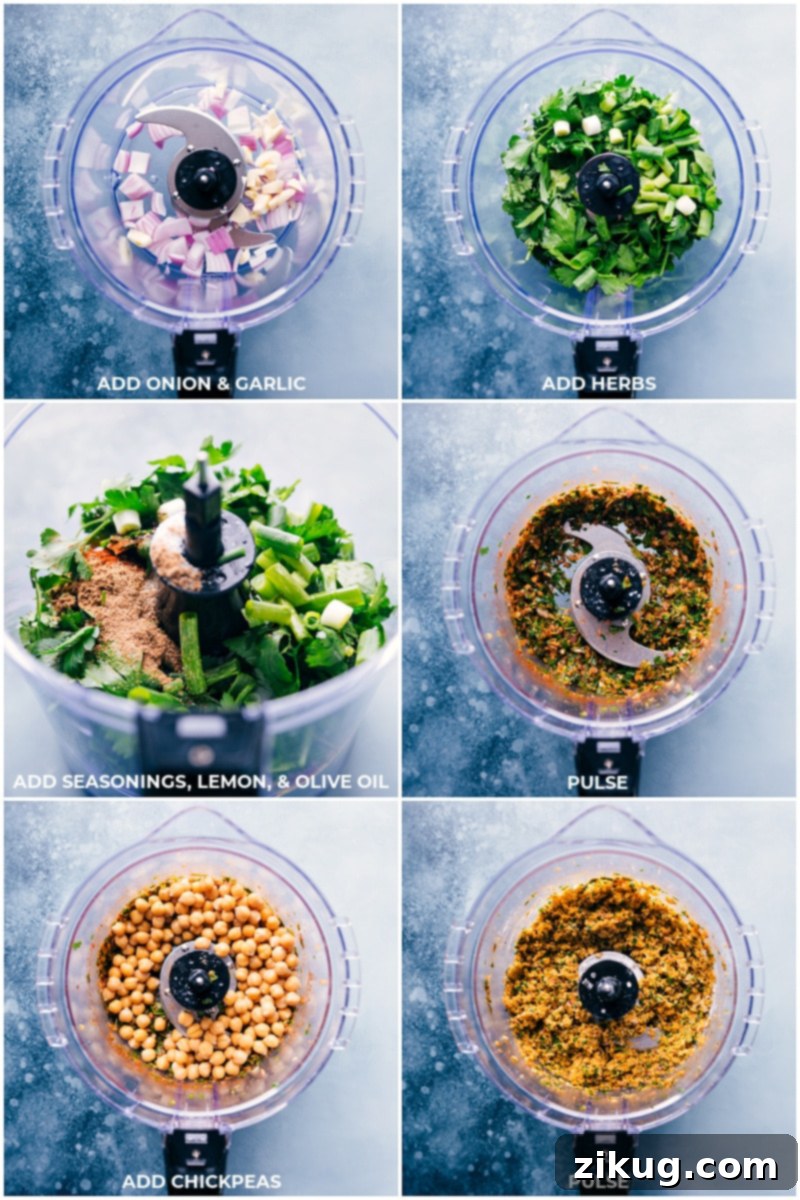 Crafting the perfect Air Fryer Falafel mixture in a food processor is key to a flavorful and well-textured patty. This recipe delivers a healthy, quick, and easy vegetarian meal. #dinner #quick #easy #simple #vegetarian #tzatziki #sauce #pita #airfryer #falafels Process shots: creating falafel mixture in the food processor for air fryer falafel