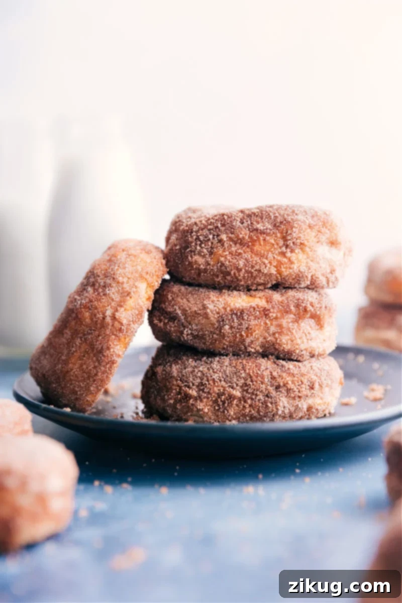 Simple, quick, and easy 4-ingredient Air Fryer Donuts coated in cinnamon sugar. A delicious dessert or breakfast treat. Image of Air Fryer Donuts stacked on top of each other, glistening with cinnamon sugar, ready to be eaten.