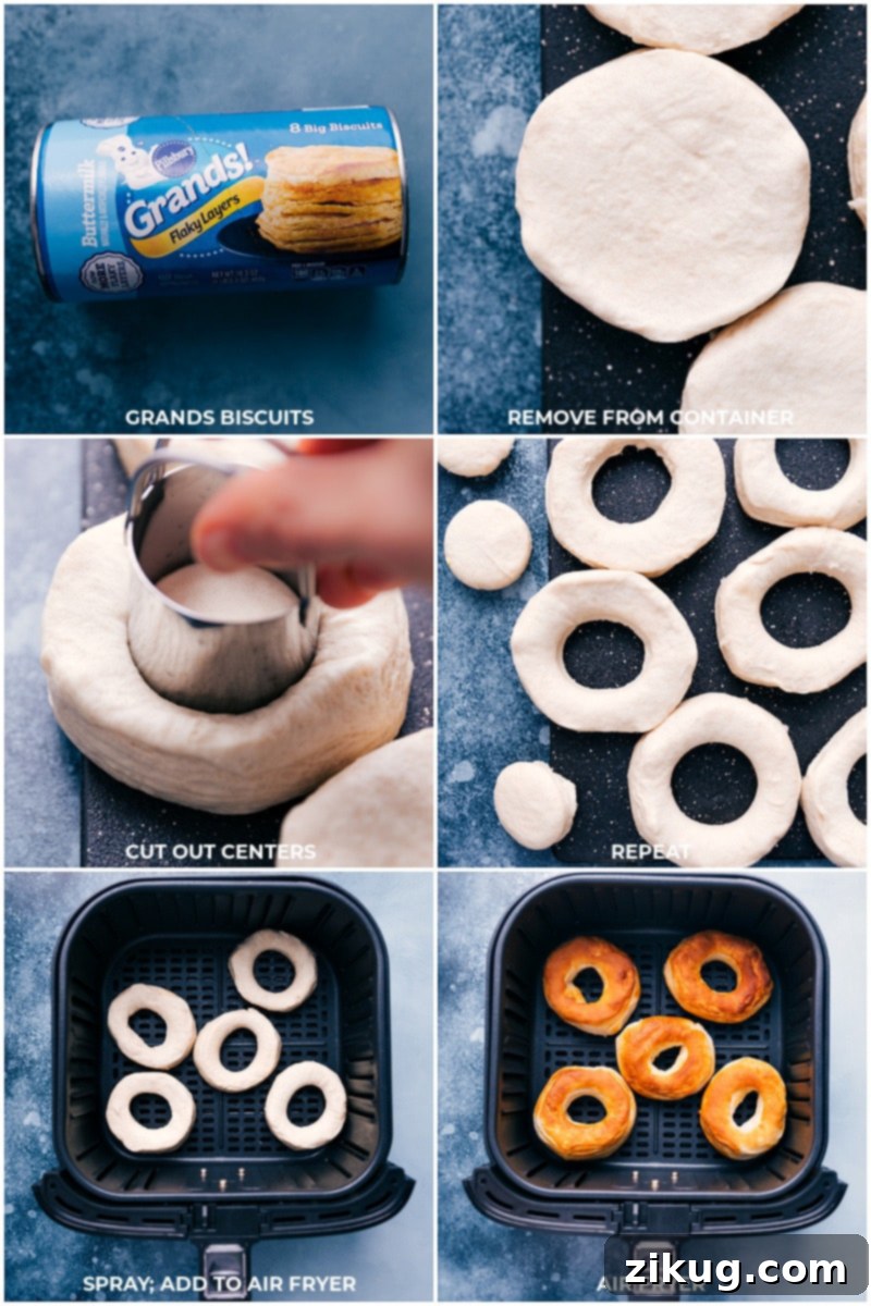 Easy 4-ingredient Air Fryer Donuts recipe from Chelsea's Messy Apron, perfect for a quick and simple dessert. Process shots showing how to prepare air fryer donuts: removing biscuits from packaging, cutting out centers, repeating for all dough, spraying basket, adding to air fryer, and cooking them to perfection.