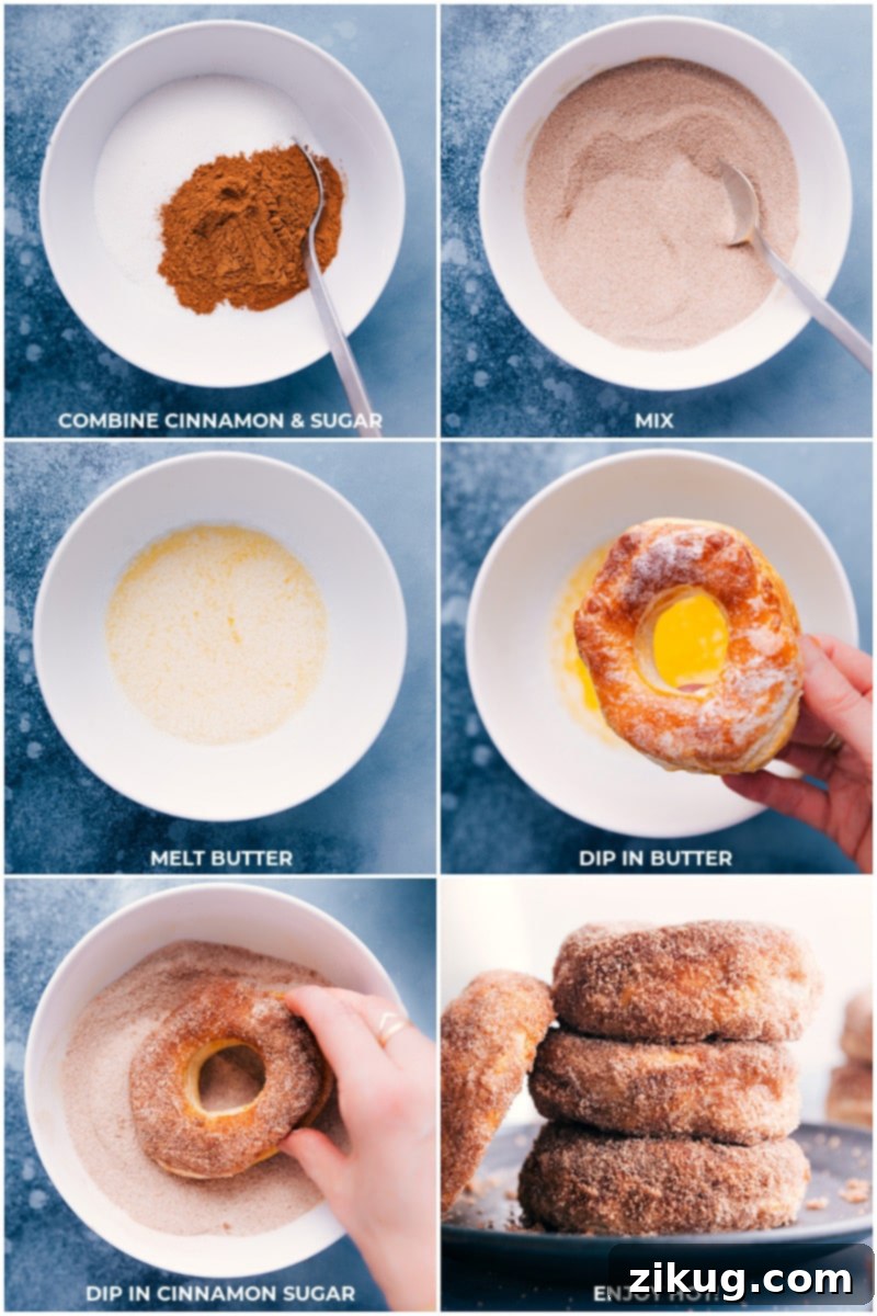 Air Fryer Donuts are incredible! They're light, fluffy, tender, buttery, and perfectly coated in cinnamon sugar – a quick and easy recipe. Process shots of air fryer donuts, showing the cinnamon-sugar mixture being made, donuts being dipped in melted butter, and then coated in cinnamon sugar for a perfect finish.