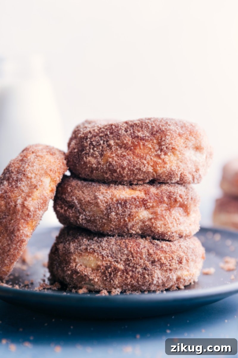 Our favorite Air Fryer Donuts are incredibly light, fluffy, tender, buttery, and perfectly coated in cinnamon-sugar, making them an irresistible treat. Up-close image of perfectly stacked Air Fryer Donuts with cinnamon sugar, highlighting their fluffy texture and golden-brown perfection.